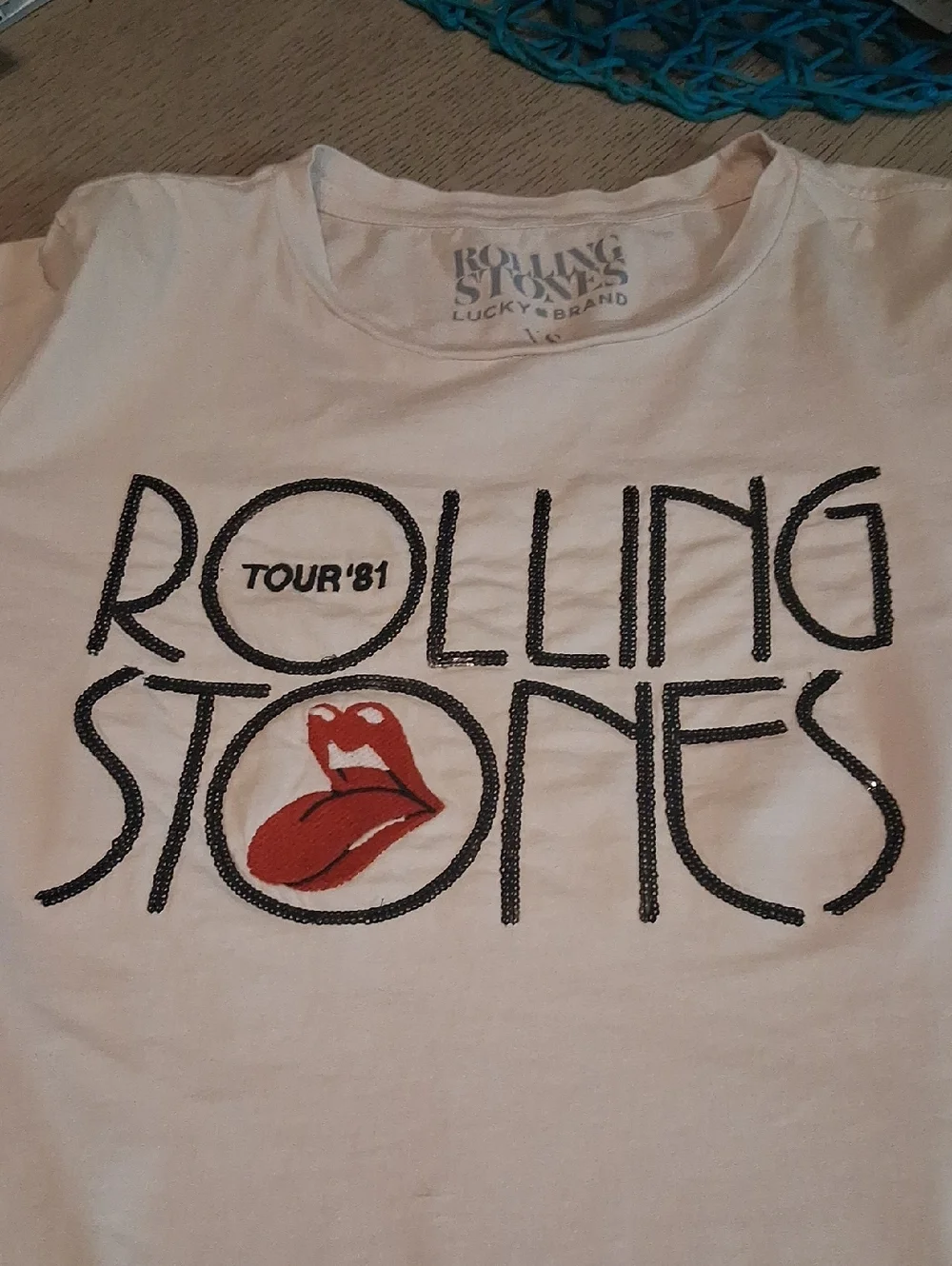 Lucky Brand White Tee with Black Lettering and Red Tongue Graphic - Picture 5 of 6